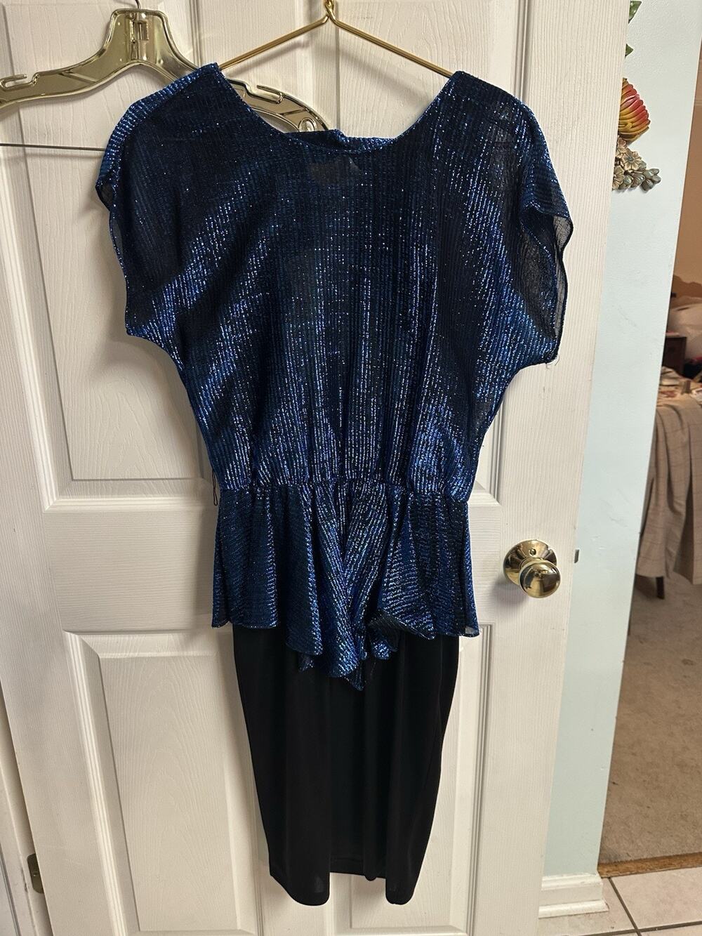 Union Dress USA 80s 90s Metallic Glam Party Semi Sheer Peplum Open Back Med 9/10